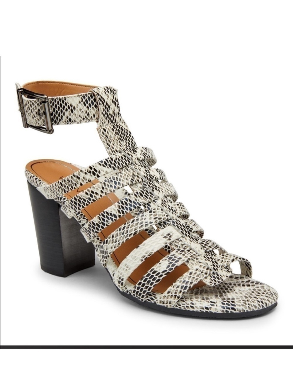 Vionic Sami woman’s heeled caged sandal in snake print 9 with ankle strap